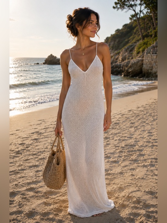 JLUXLABEL Dresses & Skirts - JLUXLABEL White Crochet Overlay Dress with Tan Lining